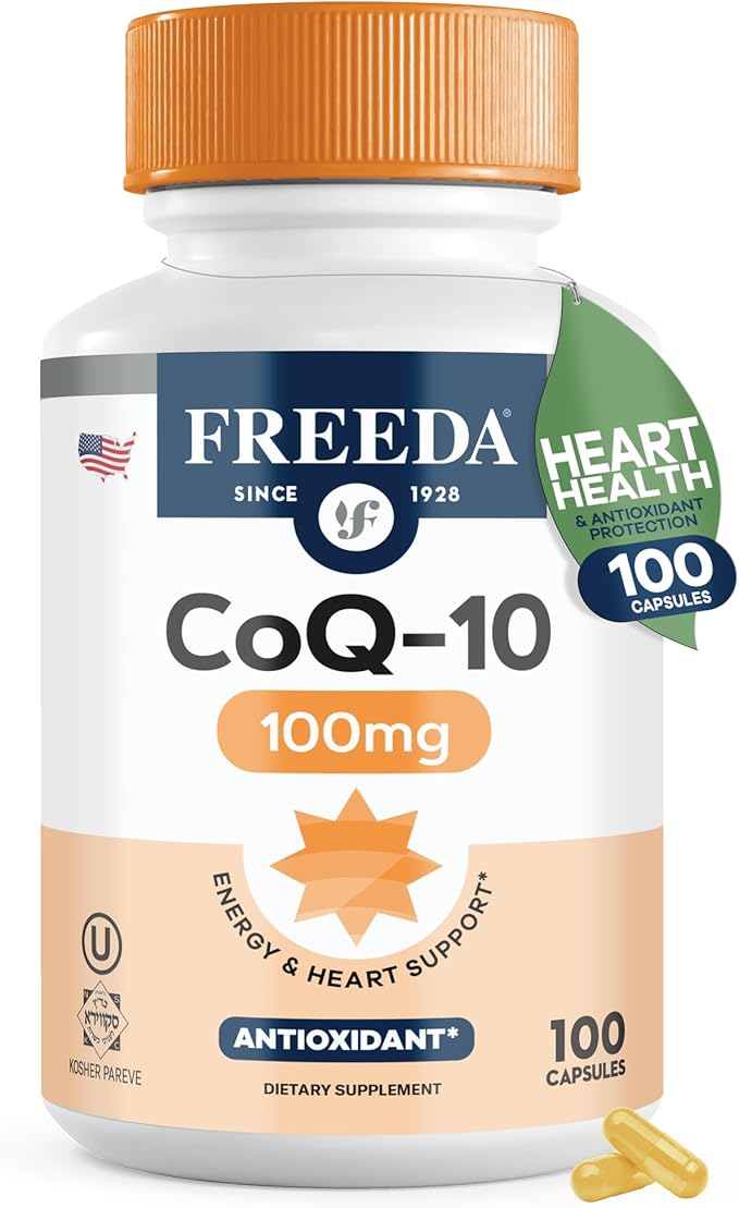 FREEDA CoQ10 100mg - Kosher Coenzyme Q10 Dietary Supplement for Cardiovascular Heart Health Blood Pressure Support Oral Gum Health and Healthy Aging - Pure CoQ10 Capsules 100 Count
