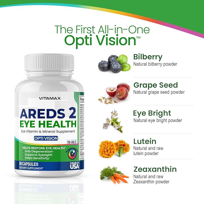 AREDS 2 Eye Vitamins - Lutein Zeaxanthin Bilberry Astaxanthin Mineral Vision Supplement - Supports Eye Strain Dry Eyes Pressure and Vision Health - Made in USA - 120ct