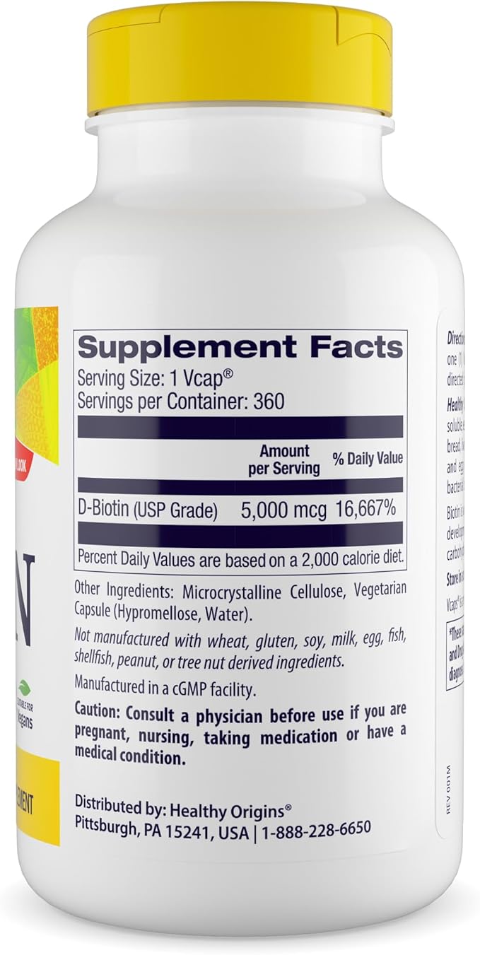 Healthy Origins Biotin 5000 mcg (5 mg) 360 Veggie Capsules - High Potency USP Grade Vitamin B7 Supplement - Supports Healthy Hair Growth Strong Nails &amp Glowing Skin - Non-GMO Vegan &amp Glute