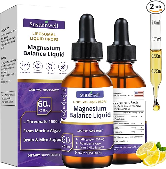 Magnesium L-Threonate Liquid Drops Magnesium L Threonate Supplement 1500mg High Absorption Brain Supplement for Memory Focus Sleep Sugar Free Vegan 4.08 Fl Oz(2 Pack)