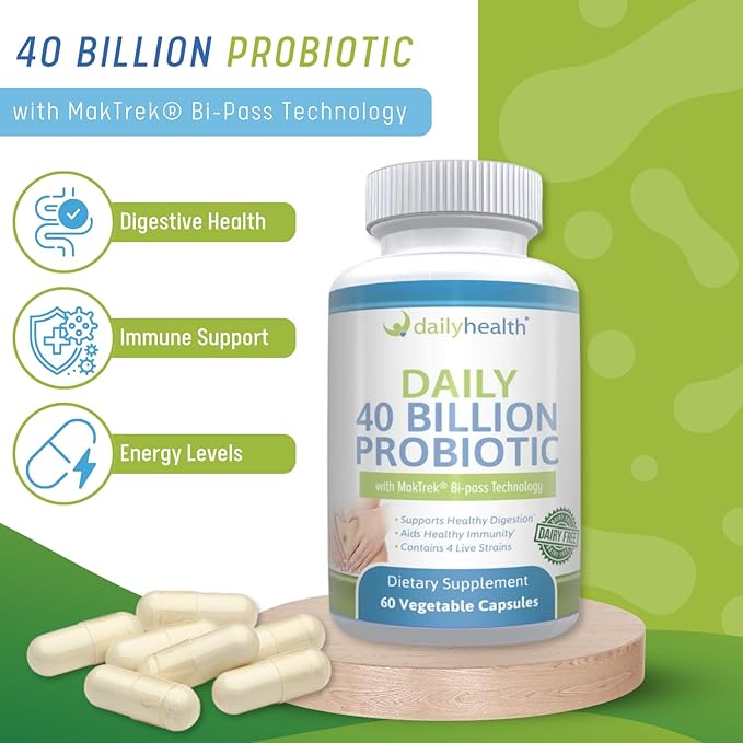Daily Probiotic 40 Billion CFU MakTrek Bi-Pass Technology Digestion Immune Health 180 Veggie Capsules