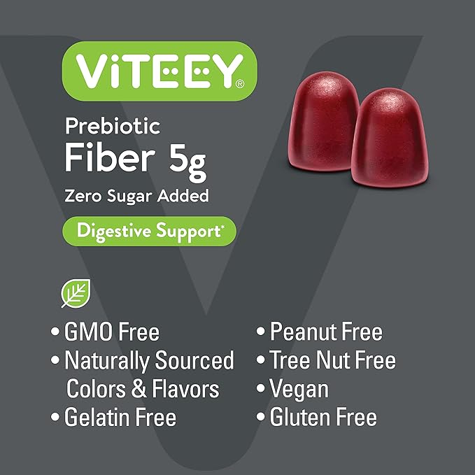 Viteey Prebiotic Fiber Gummies for Adults 5g - Gut Health &amp Digestive Soluble Fiber Supplement Gummies - Zero Sugar Added Vegan Gluten-Free - 120 Count