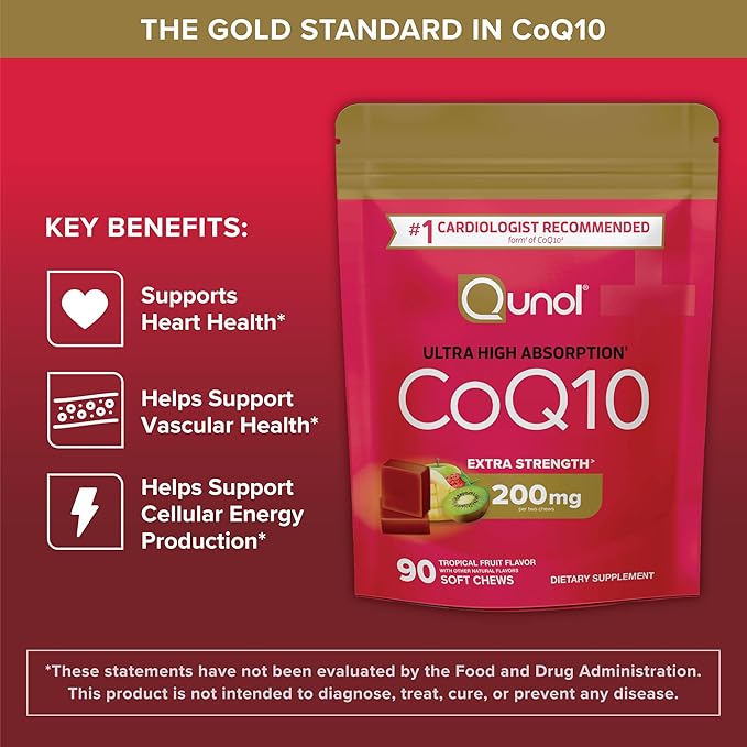 Qunol CoQ10 200mg Soft ChewsExtra Strength &amp Ultra High Absorption Coenzyme Q10 Supplement#1 Cardiologist Recommended Supplement for Heart Health90 Count (Pack of 2)