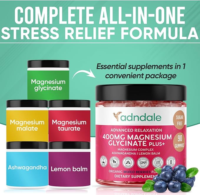 Adndale 180 CT Magnesium Glycinate Gummies 400 mg/Serv with Ashwagandha Magnesium Malate &amp Taurate Sugar Free Chews for Adults &amp Kids