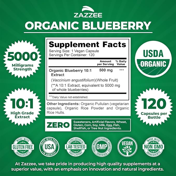Zazzee Brain &amp Eye Health Support Bundle | Extra Strength Bilberry 20:1 Extract &amp USDA Organic Blueberry Extract Capsules | Non-GMO Vegan &amp ISO Lab Tested