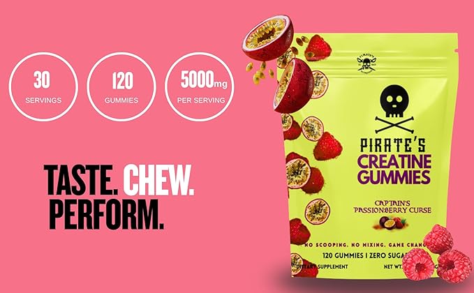 Pirate's Nutrition Creatine Gummies Zero Sugar Captain's PassionBerry Curse 120 Count Passion Fruit and Raspberry Flavor 5g Creatine Monohydrate Vegan Non-GMO Gluten Free