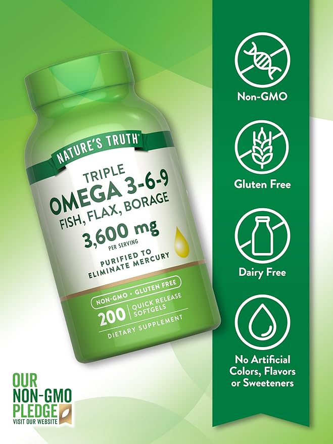 Nature's Truth Triple Omega 3 6 9 | 3600mg | 200 Softgels | Fish Flax and Borage Oils | Non-GMO &amp Gluten Free Supplement