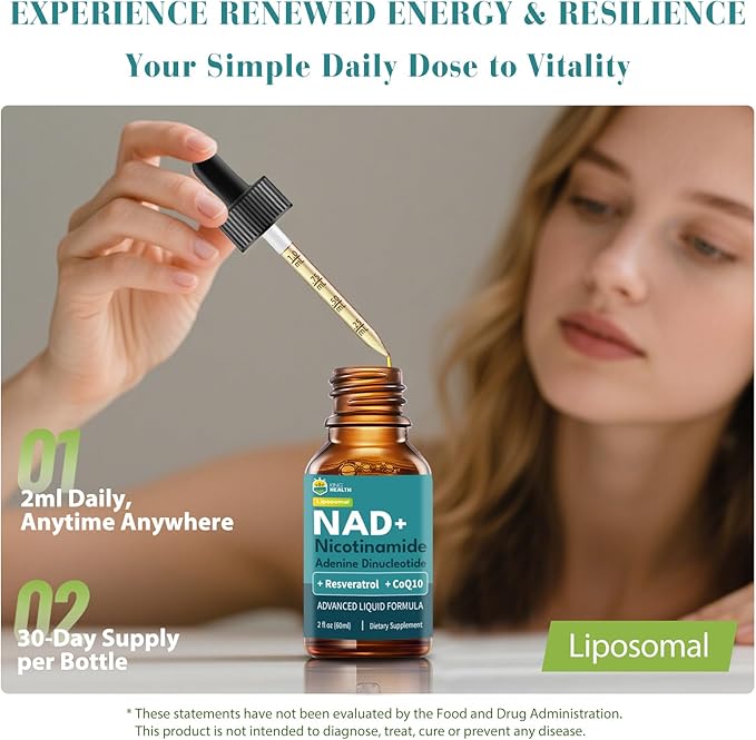 CoQ10 100mg Liposomal NAD+ 500mg Resveratrol 150mg Liquid Supplements for Women &amp Men- Boost Energy &amp Anti-Aging - Vegan Non-GMO Gluten Sugar-Free - 2 Fl Oz