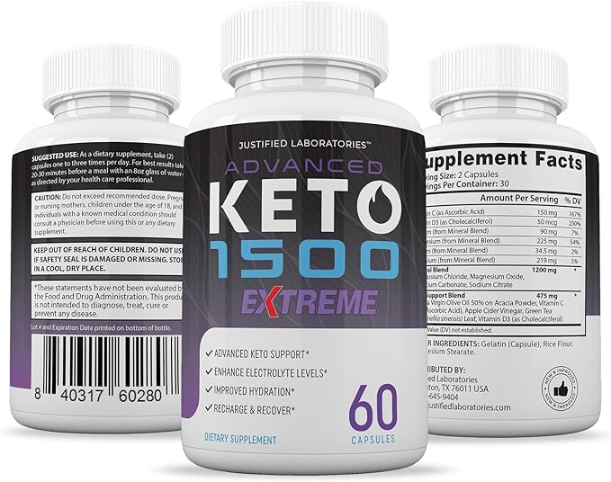 (2 Pack) Advanced Keto 1500 Extreme Pills 1675MG New &amp Improved Formula Contains Apple Cider Vinegar Extra Virgin Olive Oil Powder Green Tea Leaf 120 Capsules