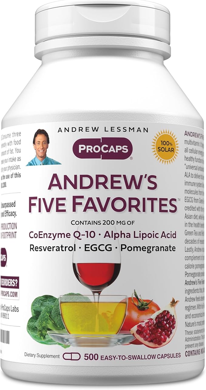 ANDREW LESSMAN Andrew's Five Favorites 500 Capsules - Provides 200mg Each of Coenzyme Q-10 Resveratrol EGCG Pomegranate and Alpha Lipoic Acid Powerful Anti-Oxidant Support No Additives