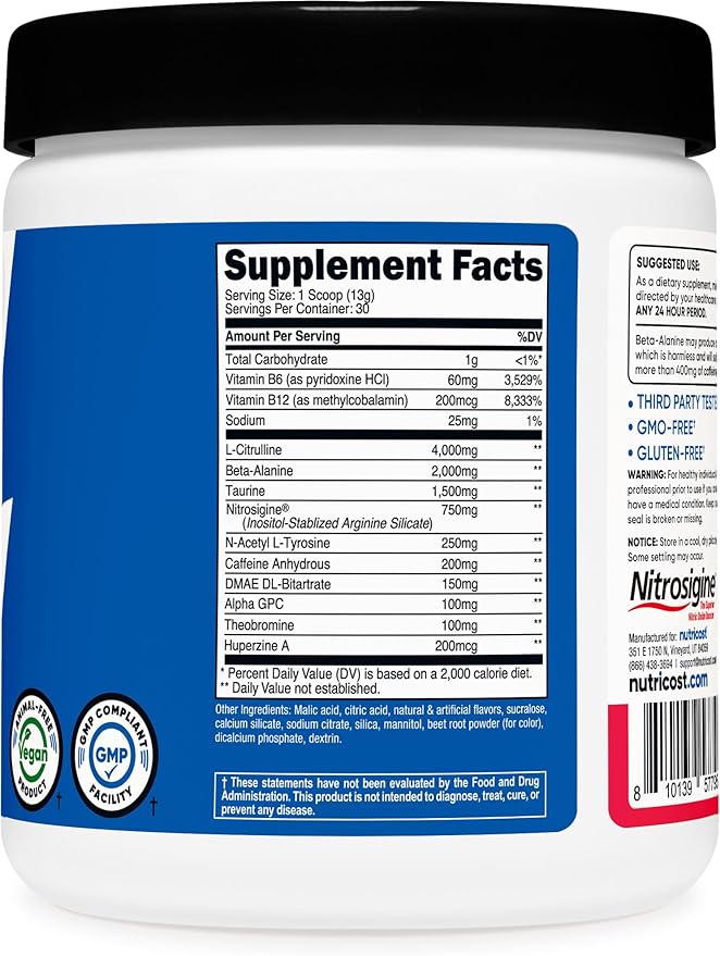Nutricost Pre-Workout Powder (Strawberry Kiwi) 30 Servings - GMO-Free Gluten-Free Vegetarian