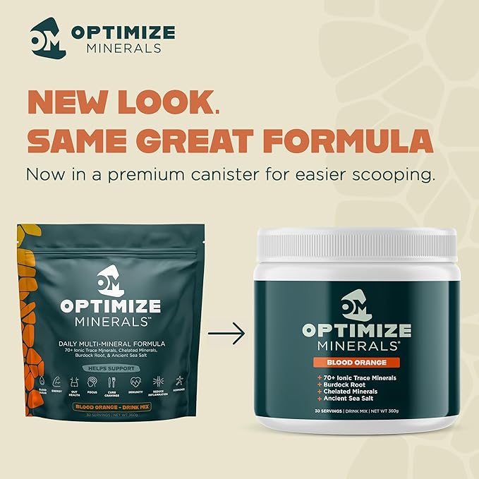Optimize Minerals Multi Mineral - New Look Same Daily Formula - Magnesium Electrolytes &amp Trace Mineral Supplement Powder - Gluten Free Vitamins Drink for Optimal Wellness - Blood Orange 30 Servi