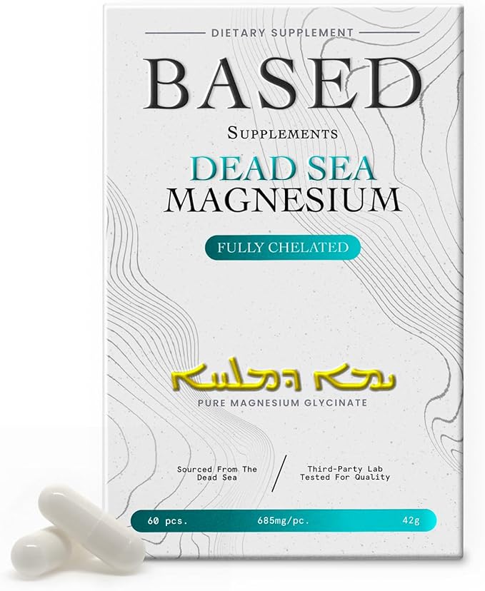 Based Dead Sea Magnesium | Pure Magnesium Glycinate | Support Stress Relief Sleep Heart Health Nerves Muscles and Metabolism | 60 Capsules