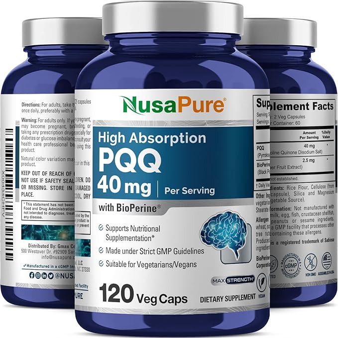 NusaPure PQQ Supplement 40 mg 120 Veggie Capsules Non-GMO Pyrroloquinoline Quinone Disodium Salt Bioperine (Pack of 2)
