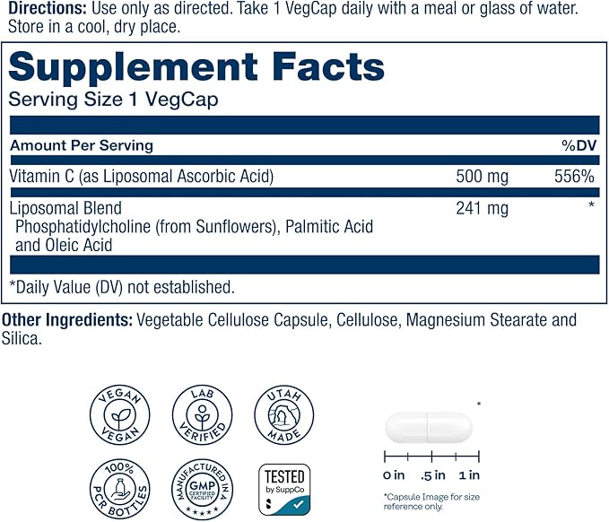 SOLARAY Liposomal Vitamin C 500mg - Enhanced Absorption Vitamin C Liposomal Blend with Fatty Acids - Antioxidant and Immune Support Supplement - Vegan 60-Day Guarantee 100 Servings 100 VegCaps