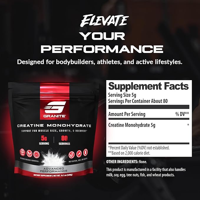Granite Creatine Monohydrate Supports Strength Endurance &amp Muscle Recovery Creatine for Men &amp Women Soy-Free Dairy-Free Gluten-Free (80 Servings)
