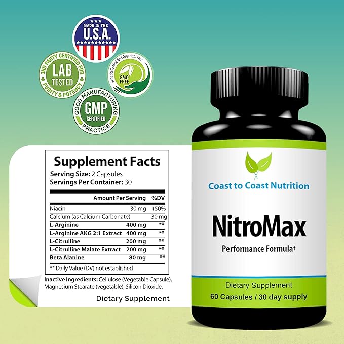 NitroMax Performance Formula – L-Arginine Nitric Oxide Supplement Plus Citrulline AKG Beta Alanine – Build Muscle Vascularity Energy Circulation – Workout Harder - 60 L-Arginine Capsules