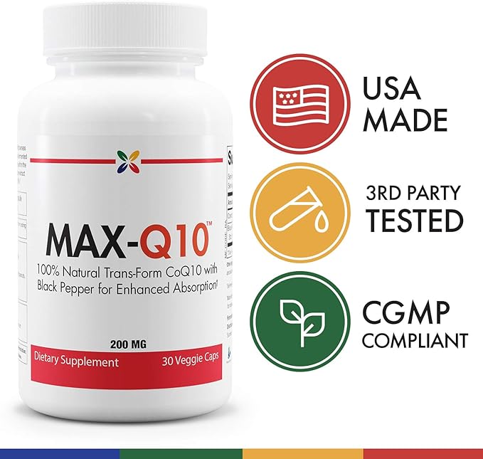 Stop Aging Now MAX-Q10 CoEnzyme Formulated with Kaneka Q10 and Enhanced BioPerine Black Pepper Extract for High Absorption Heart Health Energy Production 200 mg Capsules