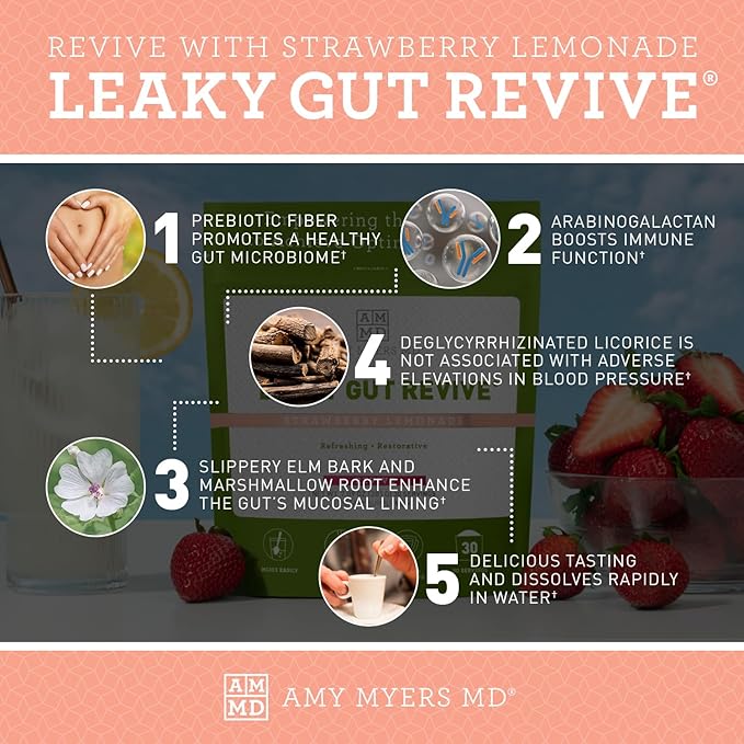Amy Myers MD Leaky Gut Revive - L-Glutamine Digestion Support - Healthy Gut Aid with Marshmallow &amp Licorice Root - Aids Mucosal Lining - 201 g Strawberry Lemonade (30 Servings)
