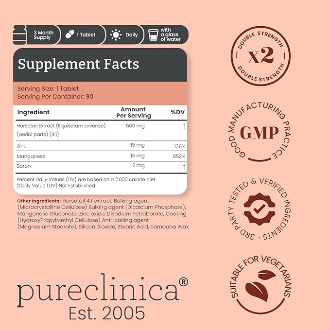 pureclinica Double Strength Silica Complex – 500mg Horsetail Extract (4:1) per Tablet – 540 Tablets (6 Bottles) – 18 Month Supply – with Zinc Manganese &amp Boron