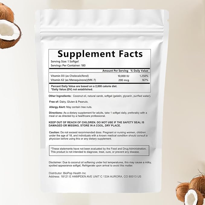 Naturals D3 K2 Essentials Vitamin D3 K2 Vitamin D3 K2 10000 IU+ K2 200 mcg MK-7 Coconut Oil Extra Strength Bone &amp Immune Support 180 Softgels