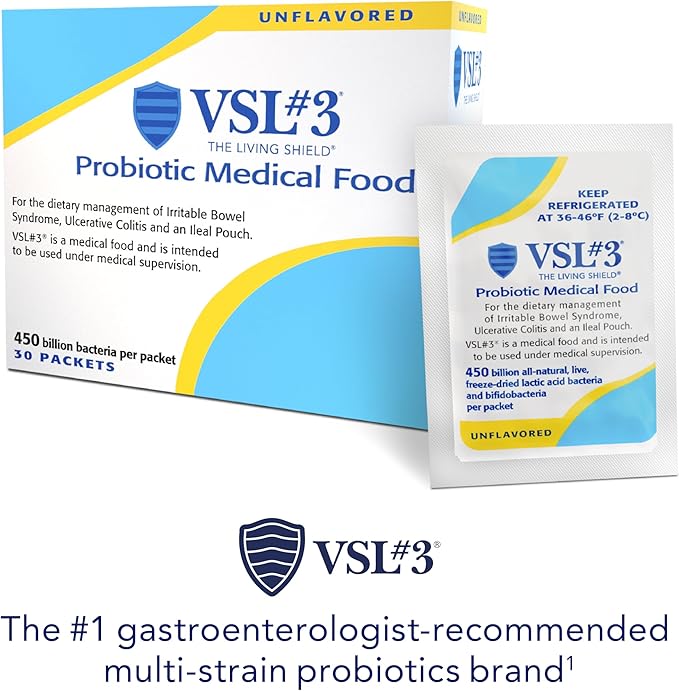 VSL#3® Probiotic Powder for Digestive Health IBS &amp UC Symptoms - 450B CFUs High-Potency Multi-Strain Live Refrigerated Probiotic Medical Food for Gut Health Support in Men &amp Women 30 Pa