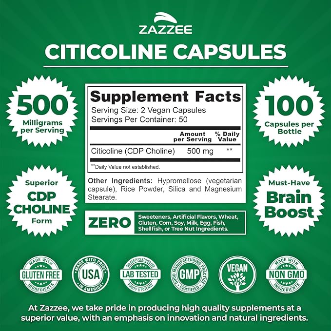 Zazzee Extra Strength Citicoline 500 mg per Serving 100 Vegan Capsules Superior CDP Choline Form 100% Vegetarian and Pharmaceutical Grade 50-Day Supply All-Natural and Non-GMO