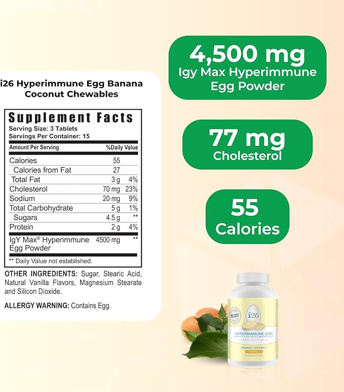 Youngevity i26 Hyperimmune Egg | IgY Max Banana Coconut Chewable | Patented Immune Powerhouse Formula | Flexibility Gut Immune Support Supplement | 45 Chewable Tablets