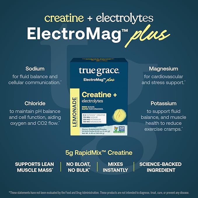 True Grace ElectroMag + Creatine Monohydrate - 16 Stick Packs - Lemonade - Electrolyte Powder for Rapid Performance - Sodium Potassium Magnesium Chloride - Zero Sugar - Non-GMO - 16 Servings