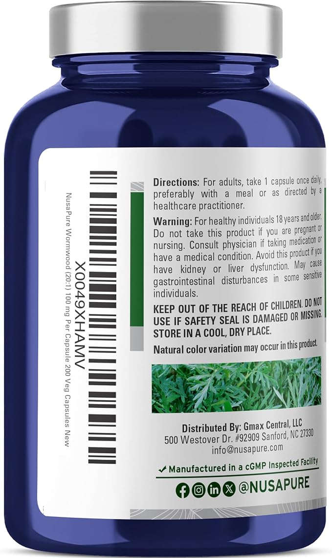 NusaPure Wormwood Capsules 100 mg 200 Veg Capsules (Non-GMO Vegan)
