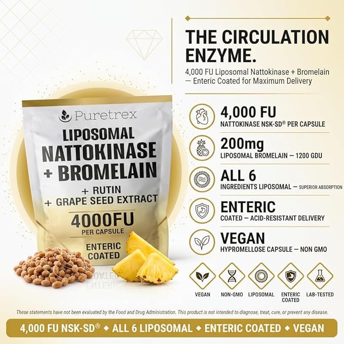 Liposomal Nattokinase 4000 FU + Bromelain 200mg with Rutin + Grape Seed Extract Enteric Coated Capsules Circulation &amp Cardiovascular Support Supplement Non GMO Made in UK 120 Capsules