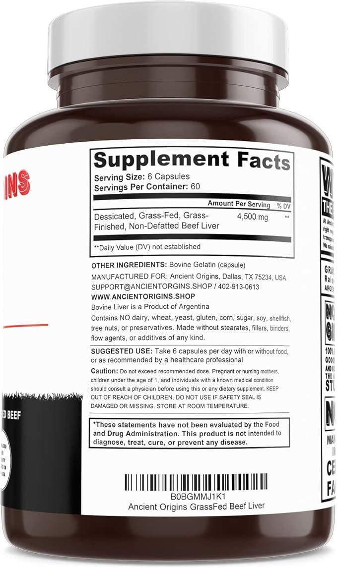 Ancient Origins Grass Fed Beef Liver Two Month Supply Supports Energy Production Cleansing Digestion Immunity and Full Body Wellness Non GMO Freeze Dried Liver Supplement 360 Capsules