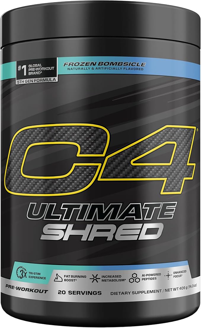 Cellucor C4 Ultimate Shred Pre Workout Powder Metabolism Supplement with Cayenne Extract+300mg Caffeine+TeaCrine+Dynamine - Frozen Bombsicle 20 Servings