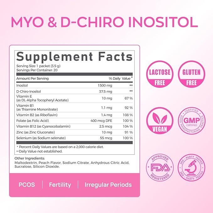 Gynable Pregina Myo-Inositol &amp D-Chiro Inositol Powder for Women - PCOS Fertility Support Hormonal Balance Regular Cycles | Patented Active Folic Acid Vegan Gluten-Free (30 Servings Peach)