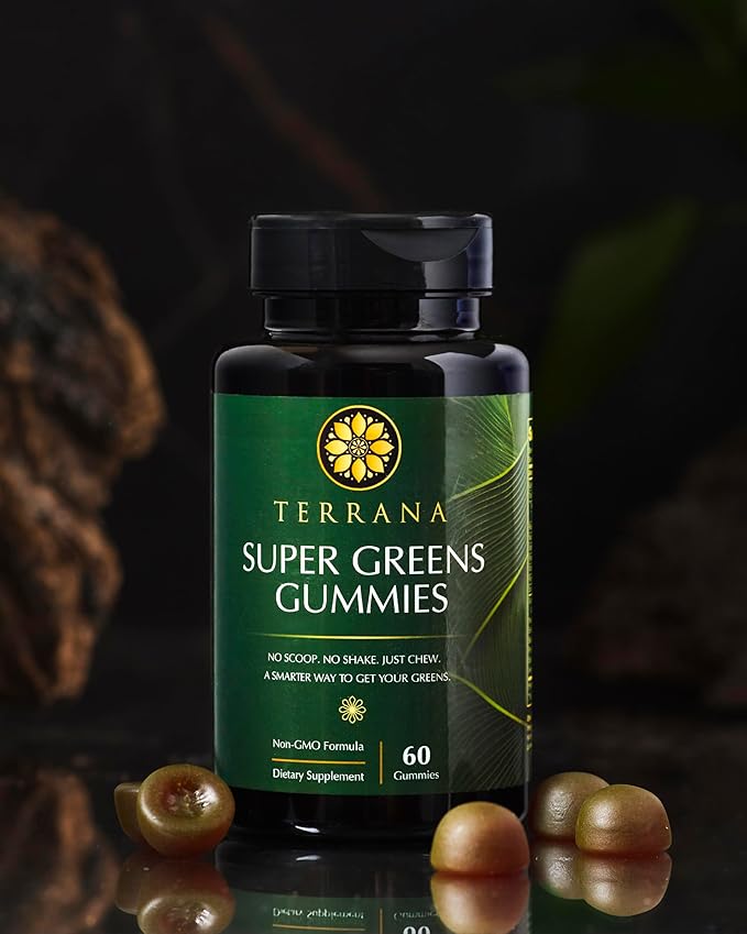Terrana Super Greens Gummies - Daily Greens Supplement with Fruits Veggies Prebiotics &amp Antioxidants for Energy Digestion &amp Immunity - Vegan Non-GMO 60 Gummies