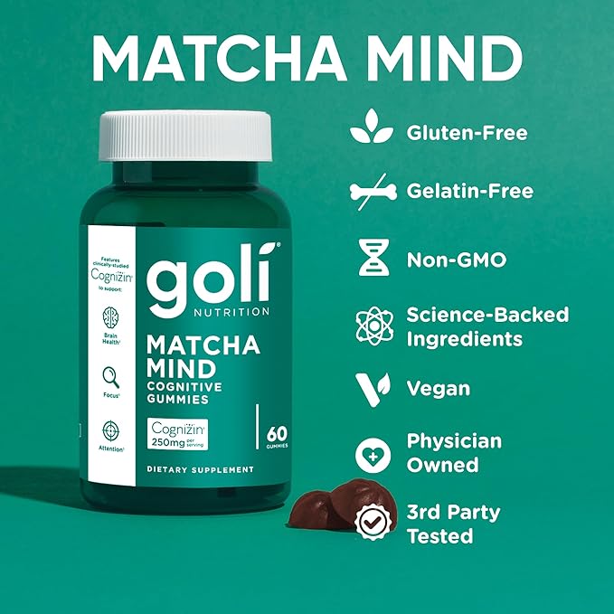 Goli Matcha Mind Gummies - 180 Count - Green Tea Leaves Powder with Cognizin for Focus Attention and Brain Health Vegan Non-GMO Gluten-Free &amp Gelatin Free.