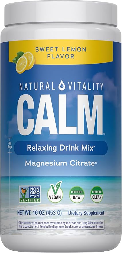 Natural Vitality Calm Magnesium Supplement Anti-Stress Drink Mix Powder Gluten Free Vegan &amp Non-GMO Sweet Lemon 16 oz