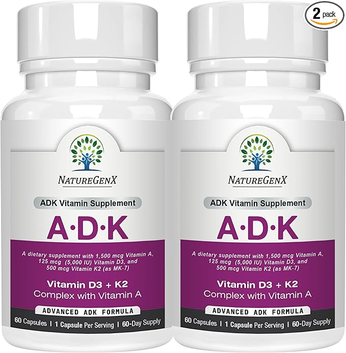 NatureGenX ADK Vitamin Supplement – Vitamins A D3 &amp K2 MK-7 for Bone Health &amp Calcium Absorption – Gluten-Free Non-GMO Soy-Free – 120 Capsules 2-Pack (4-Month Supply)