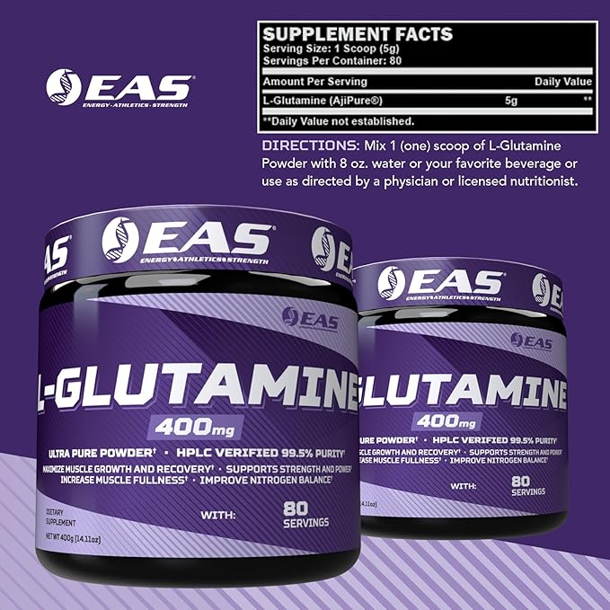 EAS L-Glutamine Powder | 99.5% Purity AjiPure Glutamine | Maximize Muscle Growth &amp Recovery | Improve Nitrogen Balance | 400mg 80 Servings (Unflavored)