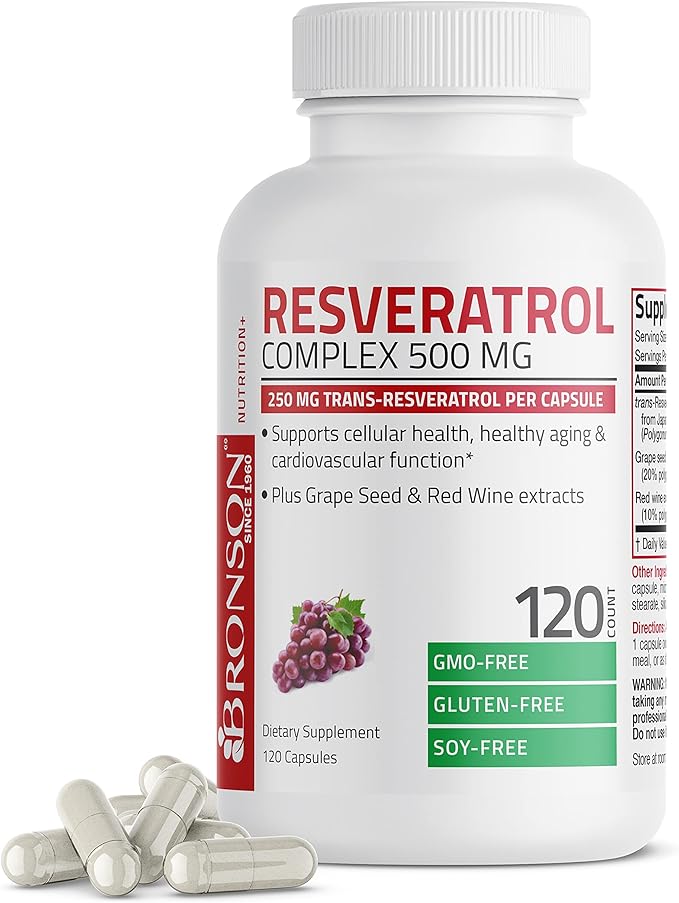 Bronson Resveratrol 500 Complex Standardized Trans-Resveratrol + Grape Seed &amp Red Wine Extract 120 Capsules