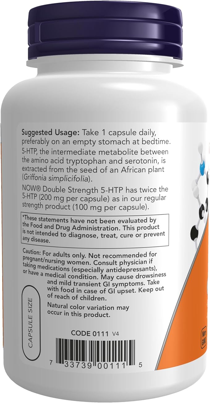 NOW Supplements 5-HTP (5-hydroxytryptophan) 200 mg Double Strength Neurotransmitter Support* 120 Veg Capsules