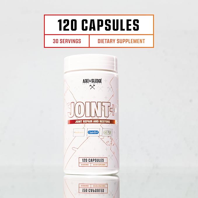 Axe &amp Sledge Joint+ | Joint Health Support Supplement with UC-II Collagen Glucosamine MSM Bioperine | 1g Glucosamine 500mg OptiMSM 40mg UC-II Collagen | 30 Servings