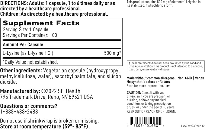 Klaire Labs SFI Health L-Lysine - 500 Milligrams Essential Amino Acid Support for Immune Health &amp Collagen Formation Hypoallergenic &amp Dairy-Free (100 Capsules) (Pack of 2)