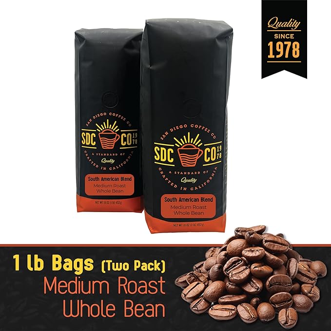 San Diego Coffee South American Blend Medium Roast Whole Bean Coffee 16-Ounce Bags (Pack of 2) Café en grano tostado