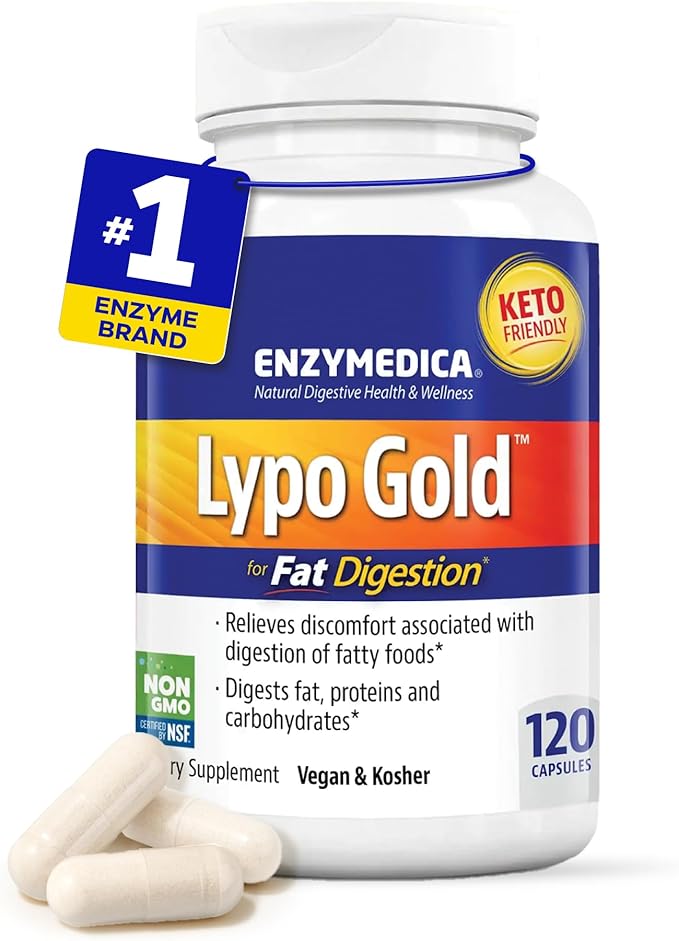 Enzymedica Lypo Gold - Protease Amylase &amp Lipase Digestive Enzymes for Women &amp Men Enzyme Supplement for Fat Digestion Gut Health &amp Gallbladder Support Helps Gas &amp Bloating Gluten