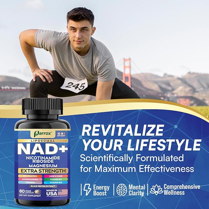 NAD+ Supplement with Liposomal NAD+ Nicotinamide Riboside Magnesium Vitamin B3 &amp B12 Resveratrol Turmeric Ashwagandha Lion’s Mane10-in-1 Extra Strength