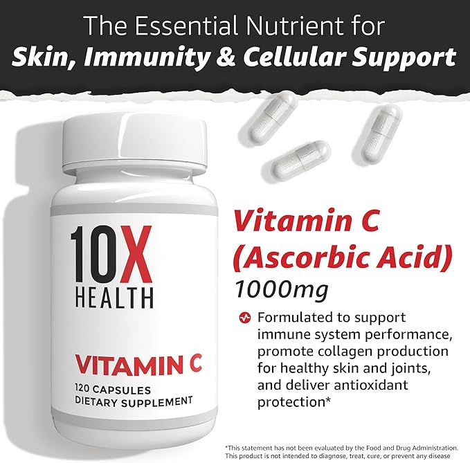 10X Health Vitamin C 1000mg - 120 Capsules Vitamin C High Dose Ascorbic Acid for Immunity Antioxidant Protection Collagen &amp Tissue Support for Adults - VitaminC 1000 mg - Non-GMO Gluten-Free