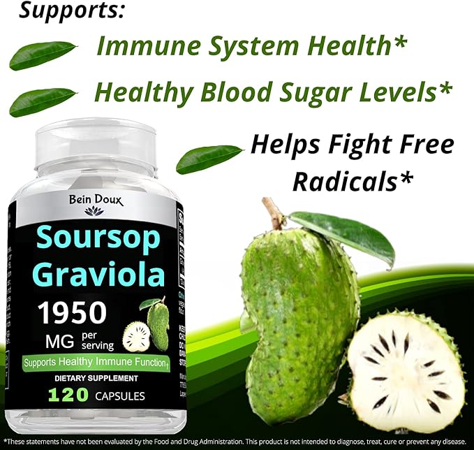 1950mg Soursop Graviola Capsules (Guanábana) Organic Leaves Powder Rich in Potent Anti-Oxidants - 120 Capsules 40 Servings