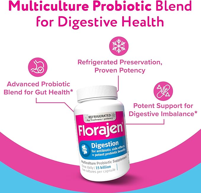 Florajen Digestion Probiotics Gut Health Supplement with Constipation and Bloating Relief for Adults 30 Count (Refrigerated)