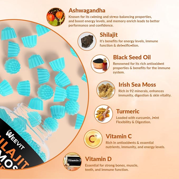 Shilajit Sea Moss Ashwagandha Gummies with Turmeric Black Seed Oil Vitamin C D for Men &amp Women Shilajit and Ashwagandha Gummy All in 1 Supplements for Immune Absorption &amp Energy Support